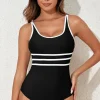 Clearance Dear-Lover Contrast Trim Colorblock U Neck One Piece Swimwear Black