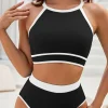 Sale Dear-Lover Contrast Trim Crisscross Back High Waisted Bikini Black