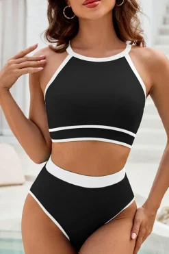 Sale Dear-Lover Contrast Trim Crisscross Back High Waisted Bikini Black