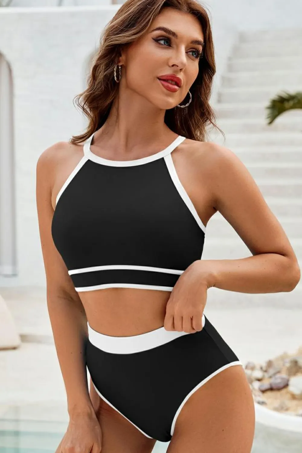 Sale Dear-Lover Contrast Trim Crisscross Back High Waisted Bikini Black