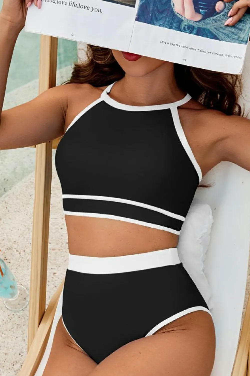 Sale Dear-Lover Contrast Trim Crisscross Back High Waisted Bikini Black