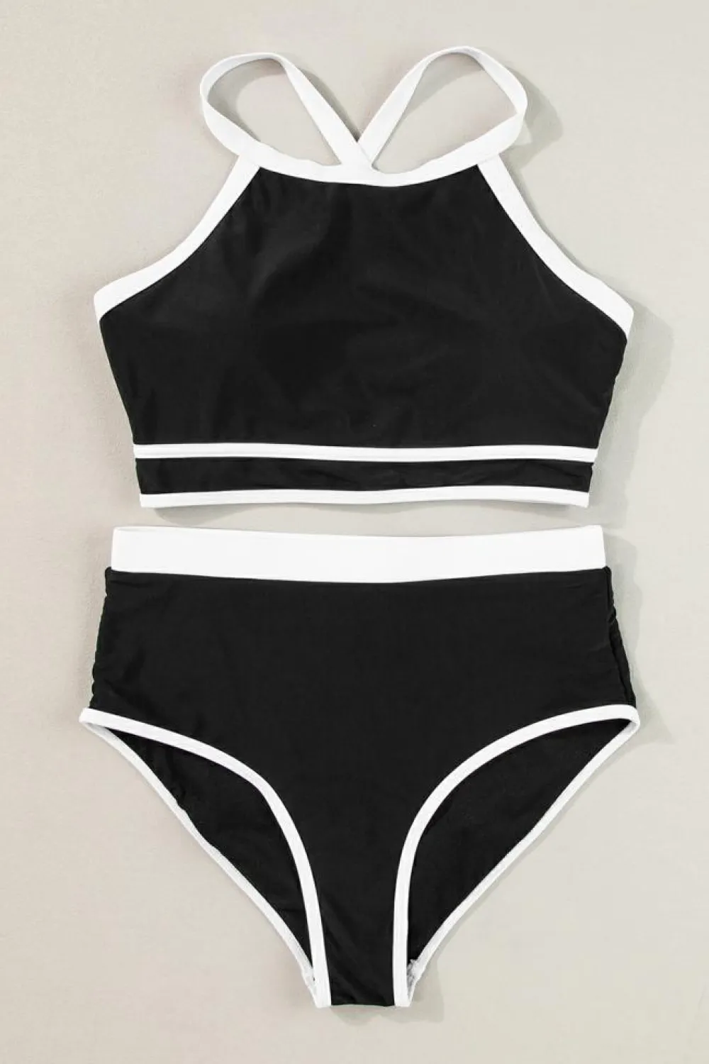 Sale Dear-Lover Contrast Trim Crisscross Back High Waisted Bikini Black