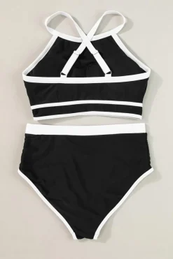Sale Dear-Lover Contrast Trim Crisscross Back High Waisted Bikini Black
