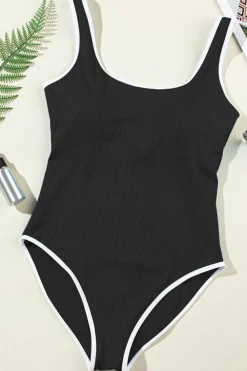 Fashion Dear-Lover Contrast Trim Ribbed Knit Sleeveless One Piece Swimsuit Black