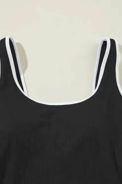 Fashion Dear-Lover Contrast Trim Ribbed Knit Sleeveless One Piece Swimsuit Black