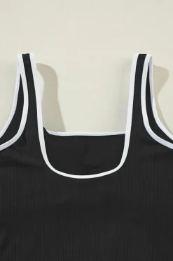 Fashion Dear-Lover Contrast Trim Ribbed Knit Sleeveless One Piece Swimsuit Black