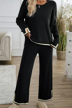 Clearance Dear-Lover Contrast Trim Split Cuffs Long 2pcs Sweater Outfit Loungewear Black