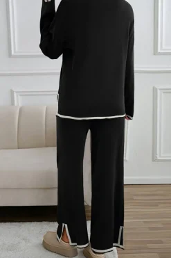Clearance Dear-Lover Contrast Trim Split Cuffs Long 2pcs Sweater Outfit Loungewear Black