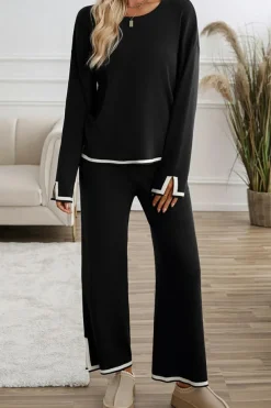Clearance Dear-Lover Contrast Trim Split Cuffs Long 2pcs Sweater Outfit Loungewear Black