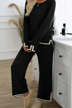 Clearance Dear-Lover Contrast Trim Split Cuffs Long 2pcs Sweater Outfit Loungewear Black