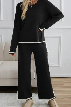 Clearance Dear-Lover Contrast Trim Split Cuffs Long 2pcs Sweater Outfit Loungewear Black