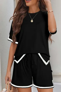 Sale Dear-Lover Contrast Trim Tee and Shorts Set Black