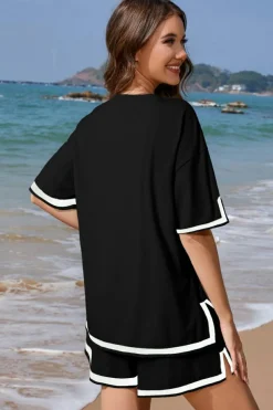 Sale Dear-Lover Contrast Trim Tee and Shorts Set Black