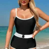 Outlet Dear-Lover Contrast Trim Two Tone Belted One Piece Swimsuit Black