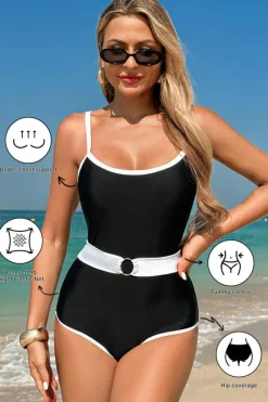 Outlet Dear-Lover Contrast Trim Two Tone Belted One Piece Swimsuit Black