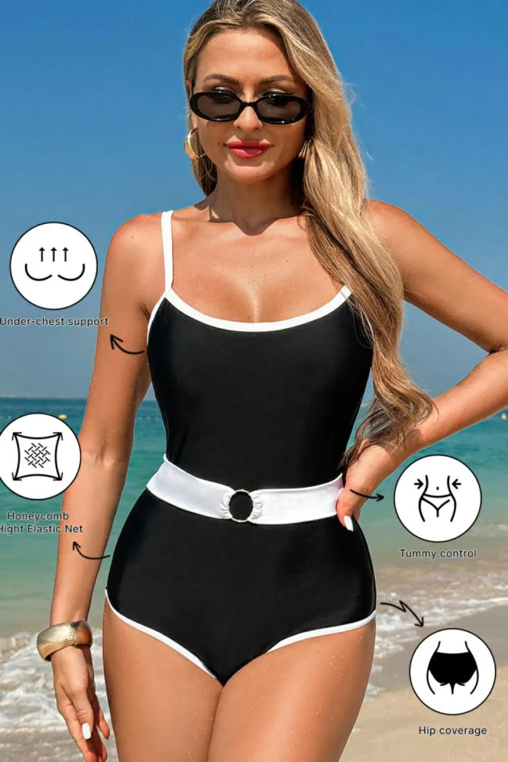 Outlet Dear-Lover Contrast Trim Two Tone Belted One Piece Swimsuit Black