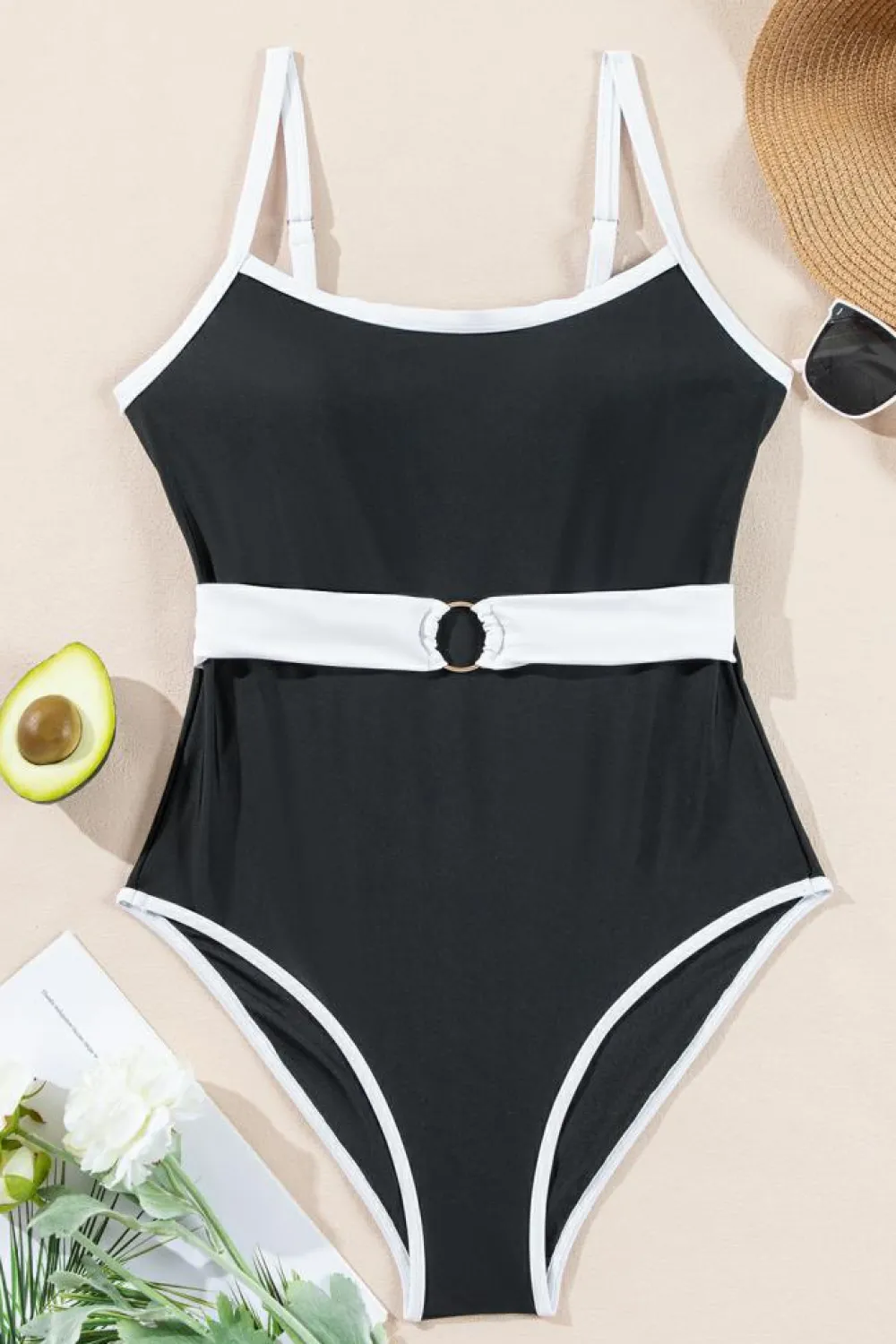 Outlet Dear-Lover Contrast Trim Two Tone Belted One Piece Swimsuit Black