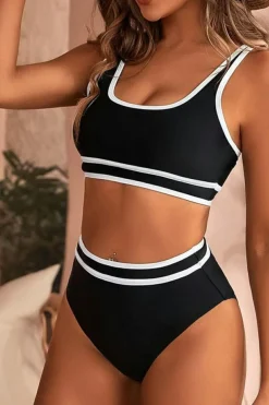 Online Dear-Lover Contrast Trimmed U Neck High Waist Bikini Black