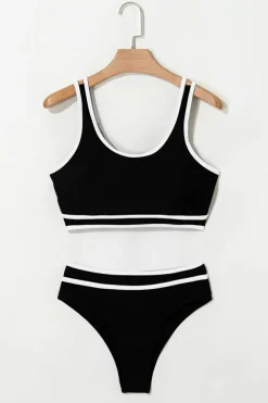 Online Dear-Lover Contrast Trimmed U Neck High Waist Bikini Black