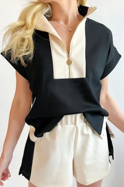 Clearance Dear-Lover Contrast Zipped Stand Collared T Shirt and Short Set Black