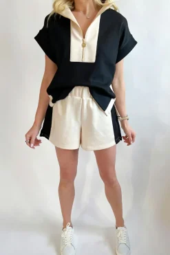 Clearance Dear-Lover Contrast Zipped Stand Collared T Shirt and Short Set Black