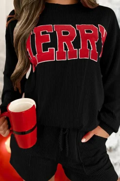 Hot Dear-Lover Corded MERRY Graphic Long Sleeve Top and Shorts Set Black
