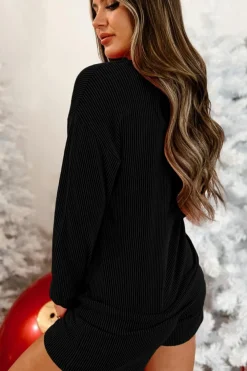 Hot Dear-Lover Corded MERRY Graphic Long Sleeve Top and Shorts Set Black