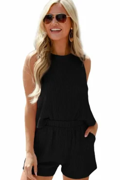Discount Dear-Lover Corded Sleeveless Top and Pocketed Shorts Set Black