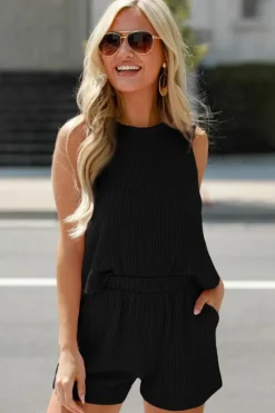 Discount Dear-Lover Corded Sleeveless Top and Pocketed Shorts Set Black