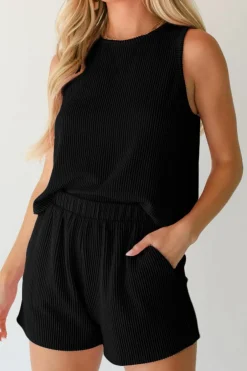 Discount Dear-Lover Corded Sleeveless Top and Pocketed Shorts Set Black