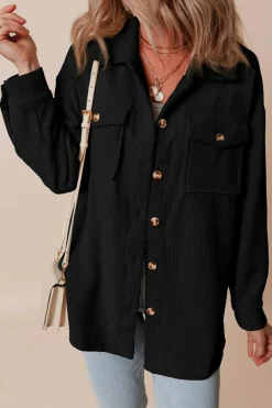 Online Dear-Lover Corduroy Flap Pocket Button Up Shacket Black
