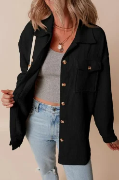Online Dear-Lover Corduroy Flap Pocket Button Up Shacket Black