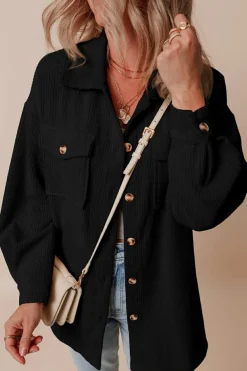 Online Dear-Lover Corduroy Flap Pocket Button Up Shacket Black