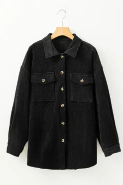 Online Dear-Lover Corduroy Flap Pocket Button Up Shacket Black