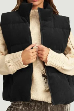 Best Dear-Lover Corduroy Stand Neck Zipped Puffer Vest Black