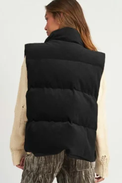 Best Dear-Lover Corduroy Stand Neck Zipped Puffer Vest Black