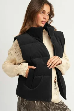 Best Dear-Lover Corduroy Stand Neck Zipped Puffer Vest Black