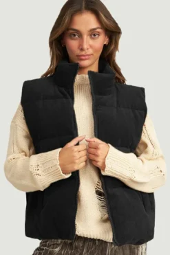 Best Dear-Lover Corduroy Stand Neck Zipped Puffer Vest Black