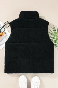 Best Dear-Lover Corduroy Stand Neck Zipped Puffer Vest Black