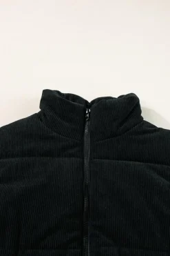 Best Dear-Lover Corduroy Stand Neck Zipped Puffer Vest Black