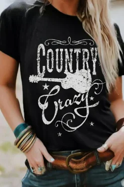 Clearance Dear-Lover Country Music Crazy Print Crew Neck T Shirt Black