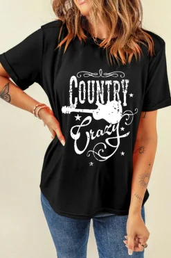 Clearance Dear-Lover Country Music Crazy Print Crew Neck T Shirt Black