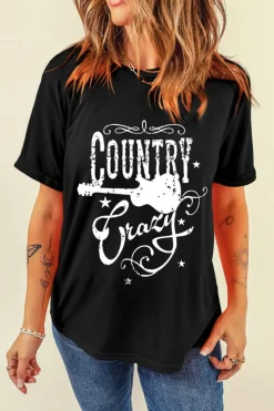Clearance Dear-Lover Country Music Crazy Print Crew Neck T Shirt Black