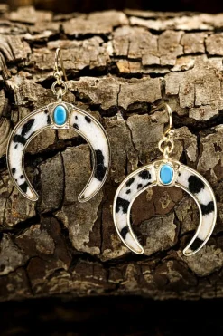 New Dear-Lover Cow Print Turquoise Inlay Crescent Shaped Dangle Earrings Black