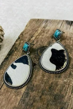 Sale Dear-Lover Cow Print Turquoise Drop Earrings Black