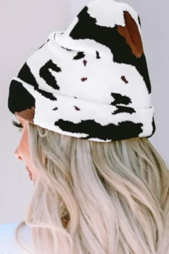 Online Dear-Lover Cow Spots Printed Warm Beanie Hat Black