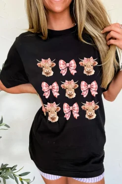 Hot Dear-Lover Cow with Bow Graphic Crewneck Western Tee Black
