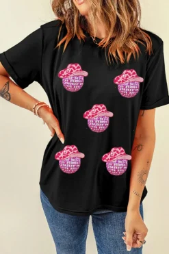 Clearance Dear-Lover Cowboy Hat Disco Ball Patched Round Neck T Shirt Black