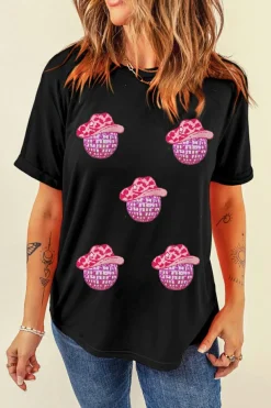 Clearance Dear-Lover Cowboy Hat Disco Ball Patched Round Neck T Shirt Black