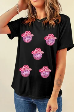 Clearance Dear-Lover Cowboy Hat Disco Ball Patched Round Neck T Shirt Black